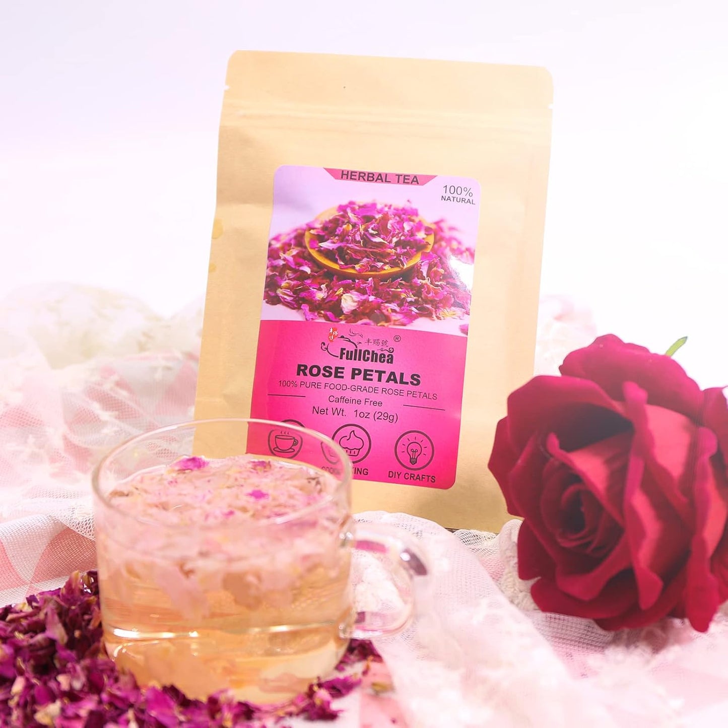 FullChea - Dried Rose Petals - 1oz/29g - Edible Flowers Real Rose Petals - Non-GMO - Caffeine-free - Use in Tea, Baking, Crafting
