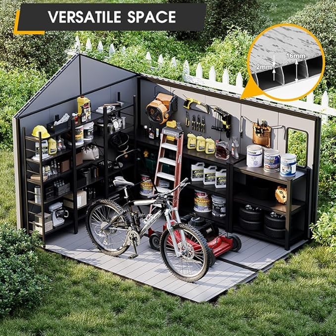 8 x 10 FT Resin Storage Tool Shed, All-Weather Outdoor Storage Shed with Windows, Lockable Doors & Floor, Plastic Storage Shed for Patio, Poolside, Backyard, Garden