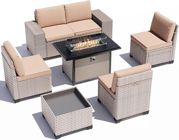 7 Pieces Patio Furniture Set with Fire Pit Table, Outdoor Sectional Wicker Sofa with Thickened Cushions and Coffee Table, High Back Rattan Patio Conversation Sets, Khaki