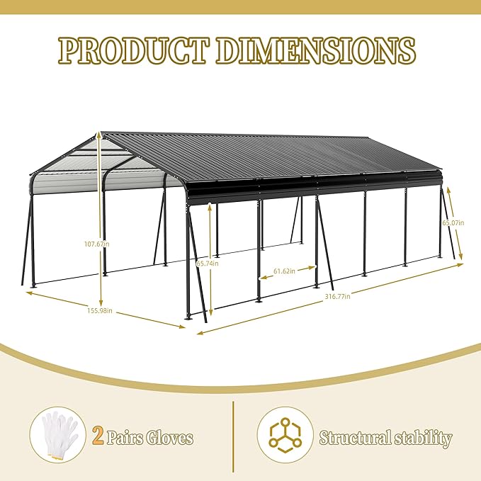 13x26.5 FT Metal Carport, Heavy Duty Car Port Canopy with Galvanized Steel Roof & Frame, Oversized Metal Carport Kit with Hooks, Outdoor 2 Car Garage, Steel Car Shelter for Car, Boat, Truck, Dark Gray