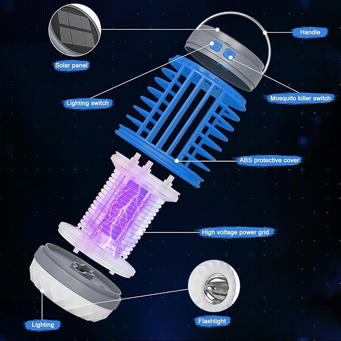 2 Pack Solar Bug Zappers Outdoor Waterproof Mosquito Zappers for Patio Home Camping, 3 in 1 Cordless Rechargeable Mosquito Repellent Outdoor Patio Flashlight, Mosquito Killer Indoor - Blue