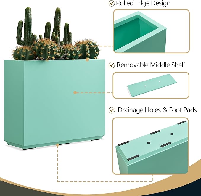 Metallic Heavy Outdoor Planter Box, Span Planter, Long and Tall Divider Planter, 30Lx10Wx24H, Aqua Blue, No Assembly 30.8 Pounds