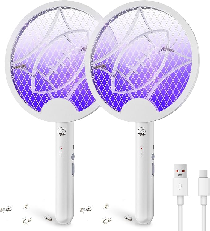 Electric Fly Swatter Racket, Foldable 2 in 1 Bug Zapper with Purple Trap Lamp, 4000V & 1500mAh Powerful Mosquito Trap Killer with Type-C Rechargeable for Indoor Home Office Patio Camp(2 Pack)