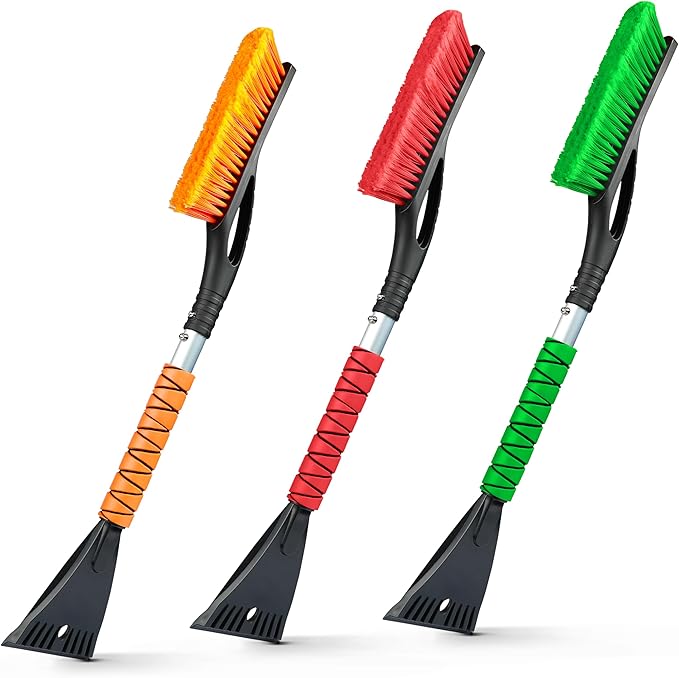 EcoNour 27" Aluminum Snow Brush with Ice Scrapers for Car Windshield and Window | Car Snow Scraper and Brush with Ergonomic Foam Grip Winter Accessories (Orange, Red, Green) (3 Pack)