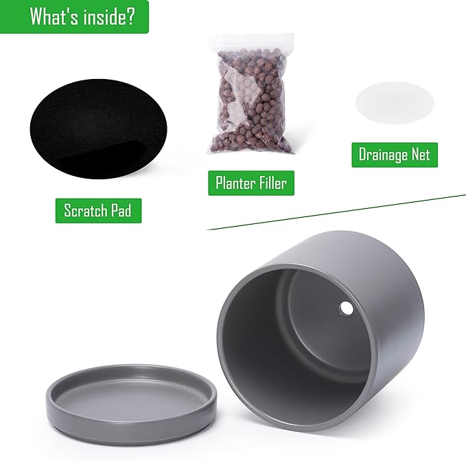 D'vine Dev 4 Inch & 6 Inch & 8 Inch, Set of 3 Round Ceramic Planter Pot with Drainage Hole and Saucer, Grey, 94-T-M-3