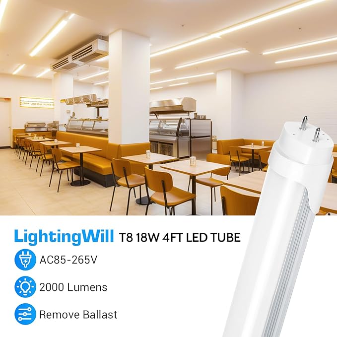 LightingWill LED T8 Light Tube 4FT, Natural White 4000K, Dual-End Powered Ballast Bypass, 2000Lumen 18W (40W Equivalent Fluorescent Bulb Replacement), Clear Cover, AC85-265V Lighting Fixture, 4 Pack…