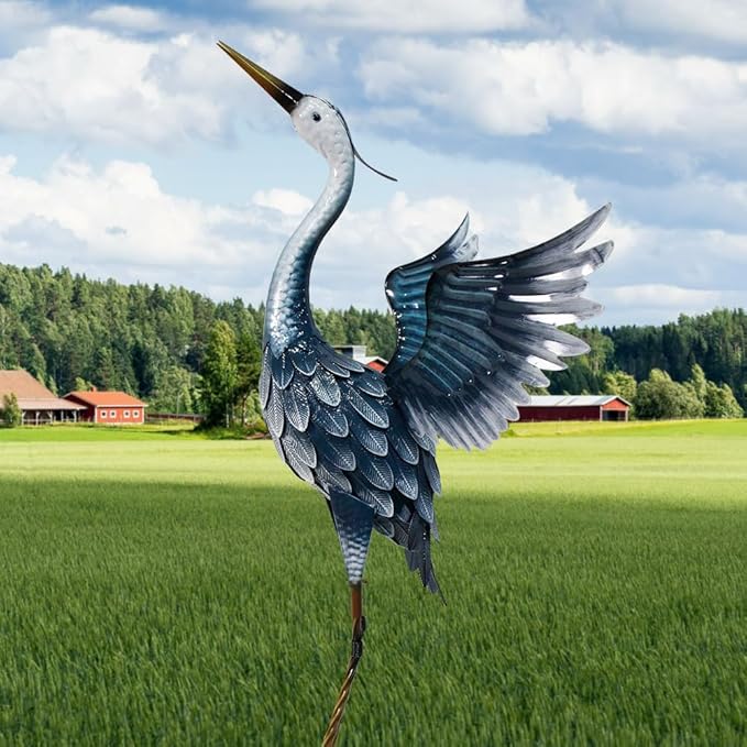 37 Inch Blue Heron Metal Yard Art, Garden Sculpture Spreading Wings for Patio, Lawn, and Backyard