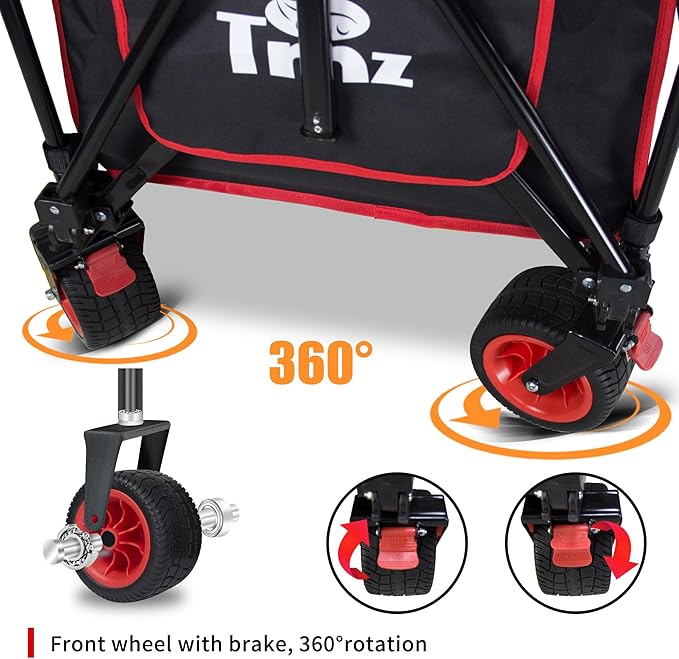 TMZ Collapsible Wagon 445L Heavy Duty Foldable Cart with All-Terrain Wheels, Canopy & Brakes - Extra Large Utility Wagon for Beach, Outdoor, Garden, Camping Portable Foldable Design (Black/Red)