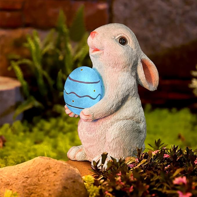 Solar Easter Rabbit Garden Statues Bunny Figurine Outdoor Easter Decorations Resin Bunny Statue with Egg Changing LED Lights for Porch Patio Lawn Yard Gardening Gifts for Mom Grandma