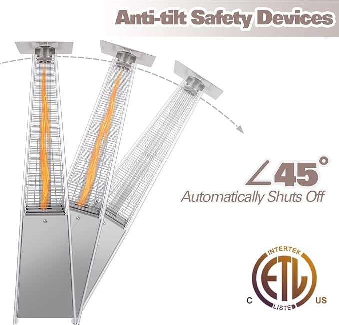 Hykolity 48000 BTU Pyramid Patio Heater, Outdoor Propane Heaters with Wheels and Cover, Glass Tube Propane Patio Heater for Backyard, Garden, Porch and Pool, Silver Grey