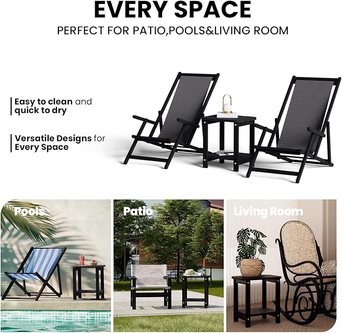 2-Tier Outdoor Side Table, 16" Adirondack Small Side Table All Weather Resistant, Patio End for Outside or Indoor, Patio, Yard, Pool, Porch, Garden, Black