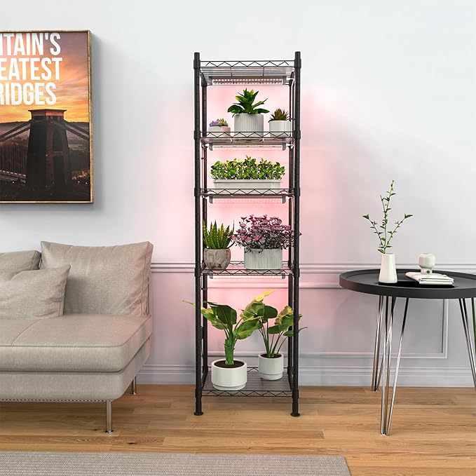 Plant Stand with Grow Lights, 5-Tier metal Plant Shelf with 4-Pack 40W Full Spectrum Grow Light, Auto Timer，Ladder Flower Pot Stand indoor 15.7" L x 11.8" W x 60.3" H