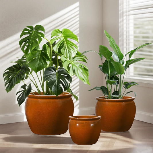 Ceramic Plant Pots Set of 3,9+11.6+14.6 Inch Flower Planters with Drainage Holes Indoor Outdoor, 19.8/8.7/3.8 Qt Capacity, Terracotta Brown Glaze