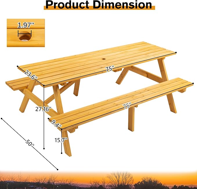 Outdoor Wooden Picnic Table with Benches Camping Dining Table for Garden Patio Backyard,Natural Color (Natural, Rectangle)