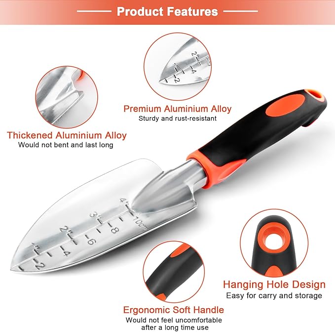 Garden Shovel Trowel Garden Tool with Measurement Mark, Heavy Duty Gardening Shovel Hand Tools Garden Spade with Ergonomic Handle, Small Garden Tools for Gardening Planting Digging Transplanting