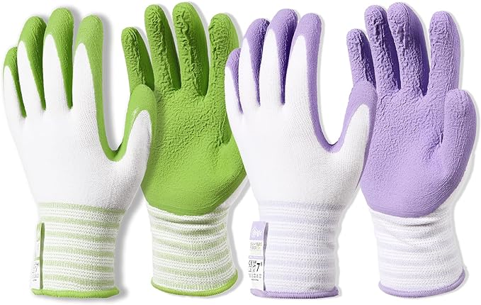 Gardening Gloves, Bamboo Fiber, Touch, Breathable, Rubber Coated, Green & Purple, S to XL