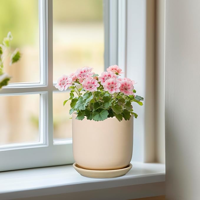 Ceramic Flower Pot 5 Inch - Round Succulent Planter for Indoor Plants with Drainage Hole and Saucer, Patio Room House Office Home Decor, Yellow