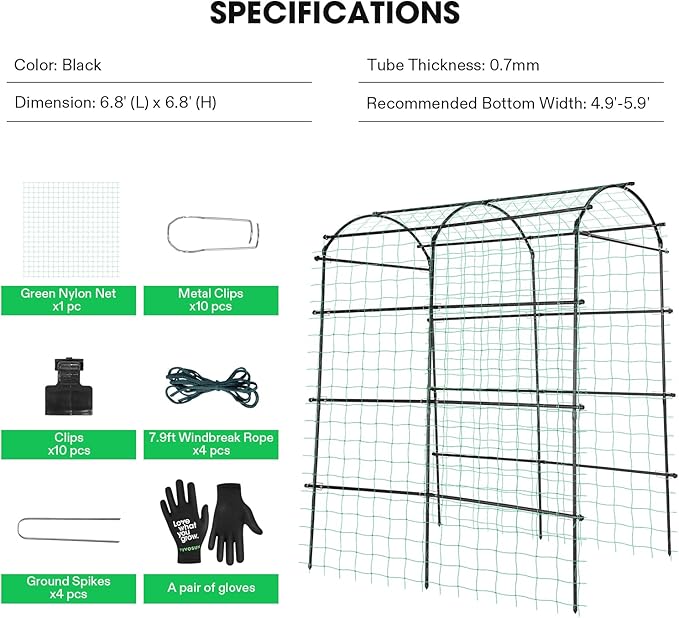 VIVOSUN 7Ft. Arch Trellis for Climbing Plants, 7 x 6 x 7ft Tall Metal Tunnel Trellis, Lightweight Metal Plant Support Archway with Nylon Netting for Climbing Vine, Vegetables, Fruits, Flowers, Black