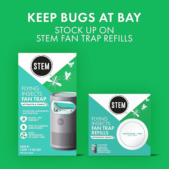 STEM Flying Insect Fan Trap for Indoor Bug Control, Attracts Mosquitoes, Fruit Flies, and House Flies, Plug-in Fan with UV Light, Starter Kit Includes 2 Devices and 10 Glue Traps