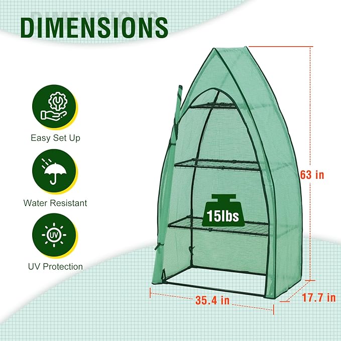EAGLE PEAK Mini Greenhouse with Wire Shelves, Portable Indoor & Outdoor Green House with Roll-Up Zipper Door, 4 Tier, 35.4”x17.7”x63.0”, Clear/Green PE Cover