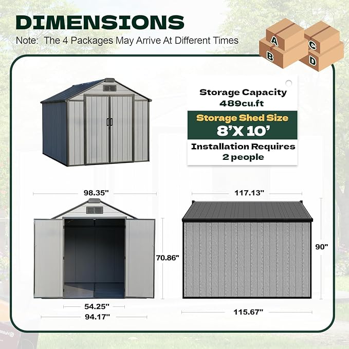 MELLCOM 8 x 10 FT Resin Garden Storage Shed with Floor, Outdoor Storage Shed with Windows and Lockable Door, Resin Tool Shed for Bike, Pool Supply, Lawnmower