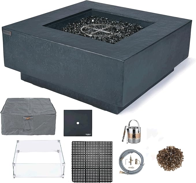 Elementi+ | Bundle Bergen Gas Fire Pit Cast Concrete 40" Square Fire Table, Outdoor Fire Pit Electronic Ignition | Canvas Cover, Fire Glass and Burner Lid Included | Dark Gray | Natural Gas