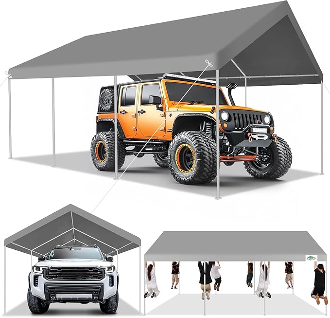 COBIZI Carport 12x20ft Heavy Duty Portable Garage, 2.0 Powder Coated Frame(Better Than Galvanized), Waterproof Shelter with Built-in Sandbags, for Car/Boat/SUV, Gray
