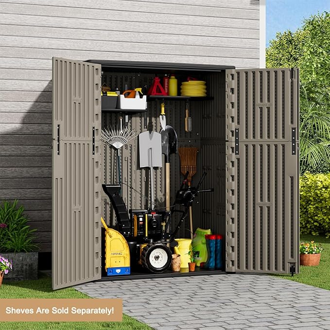 KINYING Plastic Shelving for 37 Cu.ft Horizontal Shed and 57 Cu.ft Vertical Shed, One Shelf with 2 Hooks On The Package, 25.5 in * 13 in, Easy Assembly