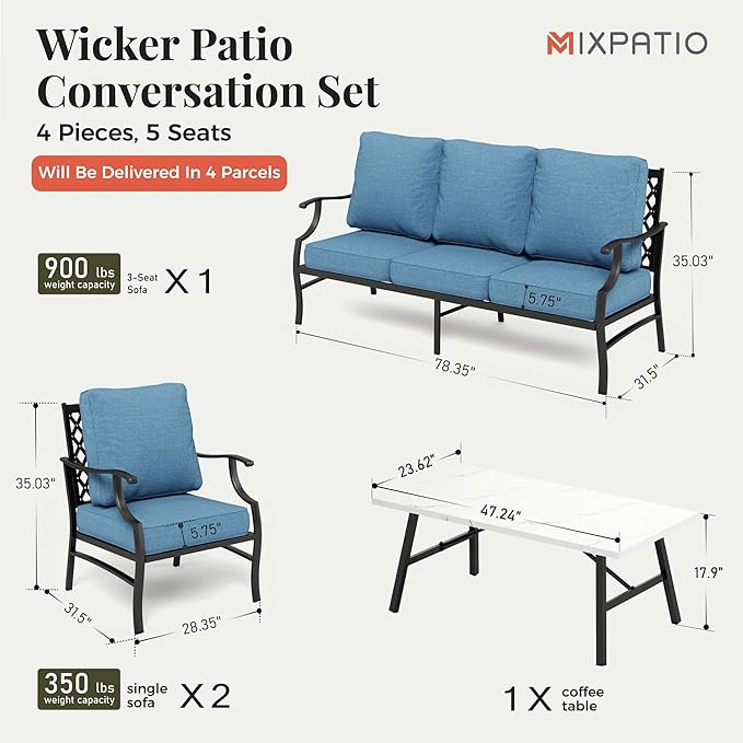 Patio Furniture Set 4 pcs, Metal Outdoor Patio Furniture, 3-Seat Sofa, 2 Single Chairs, Coffee Table and 5.75" Extra Thick Cushion, Conversation Set for Backyard Deck, Navy Blue