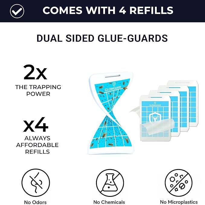 GlowGuard Cordless Flying Insect Trap Catches Fruit Flies, Indoor Gnat Killer, Magnet for Moths & Mosquitos in Dark, 1 Rechargeable Bug Trap + 4 Dual-Sided Sticky Pad Refills, 30hr Battery (White)