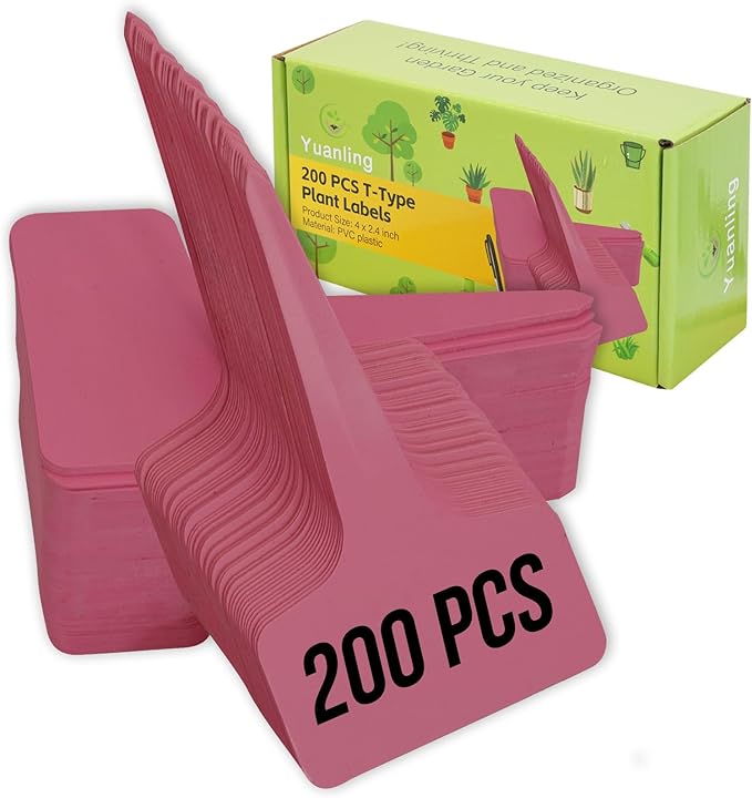 Plant Labels 200 Pcs Yuanling T-Type Plastic Garden Tags Waterproof Plant Sign Stakes Nursery Garden Makers for Seedlings Flower Vegetables Herb Potted Belt Permanet Marker Pen (Red)