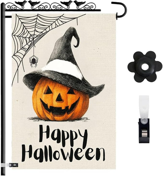 Halloween Garden Flag 12x18 Double Sided – Burlap Yard Flag with Pumpkin Wearing Hat and Spider Web for Outdoor Fall Halloween Decor