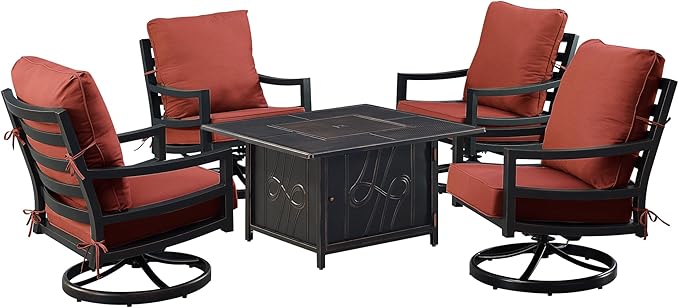 Oakland Living Black Aluminum Patio Fire Table Set with Four Club Chairs with Red Cushions