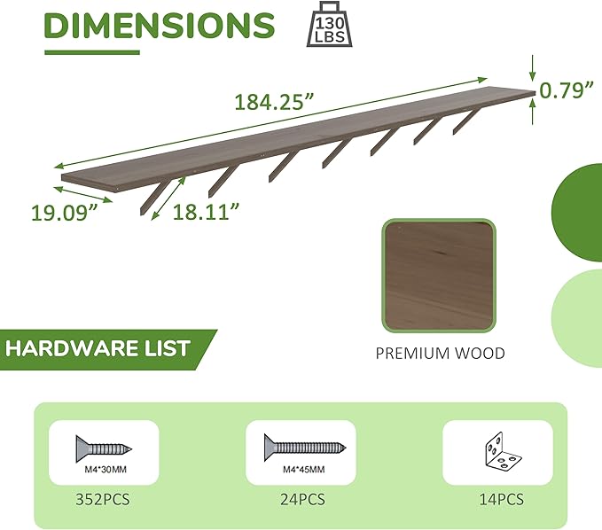 Shelf Suitable for 8x16FT Wood Greenhouse, 184" Wooden Storage Shelf Kit Fit Multiple Greenhouse, Horticulture Workstation, Work Bench System Shelving, Light Mocha Brown, 2 Pack
