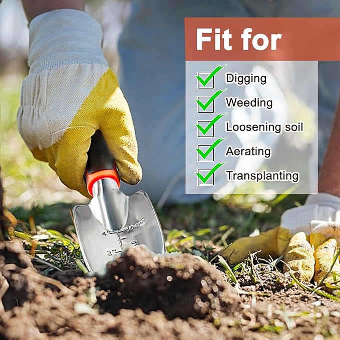Garden Shovel Trowel Garden Tool with Measurement Mark, Heavy Duty Gardening Shovel Hand Tools Garden Spade with Ergonomic Handle, Small Garden Tools for Gardening Planting Digging Transplanting