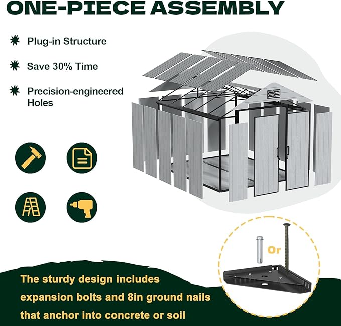 MELLCOM 8 x 10 FT Resin Garden Storage Shed with Floor, Outdoor Storage Shed with Windows and Lockable Door, Resin Tool Shed for Bike, Pool Supply, Lawnmower