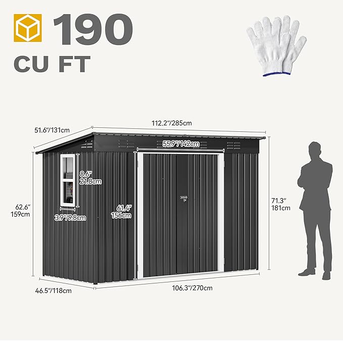 DWVO 9.1x4.2ft Metal Outdoor Storage Shed with Window, Lockable Tool Storage Sheds, Oversized Steel Garden Sheds with Sloped Roof for Backyard, Patio, Garage, Lawn, Dark Gray