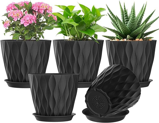 7 Inch Plant Pots Set of 5, Plastic Flower Pots with Drainage Holes and Trays, Planter Pot for Indoor Plants, Decorative Pots for Plants Indoor/Outdoor （Multicolor）