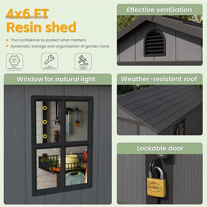 Patiowell 4 x 6 Resin Storage Shed with Floor, Outdoor Plastic Garden Shed with Lockable Door & Window, Easy Assembly Tool Shed for Backyard, Dark Gray