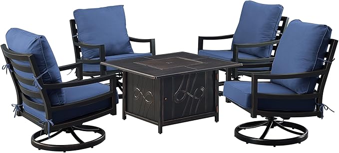 Oakland Living Black Aluminum Patio Fire Table Set with Four Club Chairs with Blue Cushions