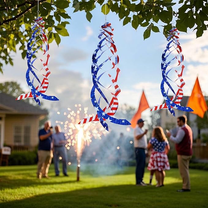 Hausse Patriotic Bird Repellent Spiral Reflectors Mylar Spinner, Hanging American Flags Reflective Bird Deterrent Device for 4th of July Independence Day, Scare Birds Animal Away, 3 Pack
