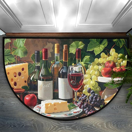 cfpolar Non-Slip Soft Half Round Door Mat, Wine Cheese Grapes Semicircle Mat for Indoor Entrance Garage Bath Living Room Patio 24 x 36 in