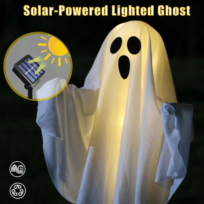 Solar Powered Halloween Decorations, 3 Pack Light Up Ghost Outdoor Path Pathway Kit Walkway Driveway Warm White Led Lights Solar Power Scary Yard Stakes Garden Lawn Decor