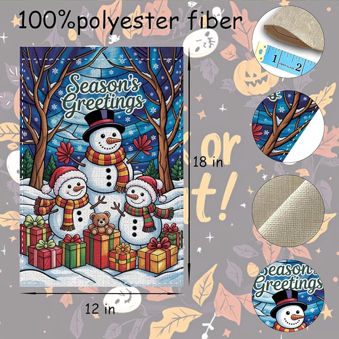 Fokongna Winter Hello Snowman Garden Flag, Season's Greetings Merry Christmas Garden Flag, 12x18 Inch Burlap Vertical Double Sided Flags, for Home Yard Outside Decorations