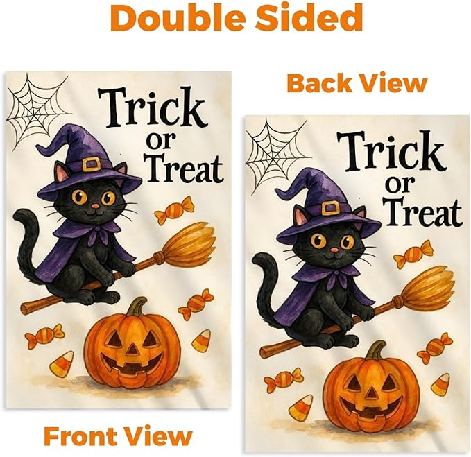 Halloween Garden Flag 12x18 – Trick or Treat Black Cat & Pumpkin with Broom Stick & Spiderweb – Double Sided Burlap Halloween Flags for Outside, Fits Garden Flag Poles