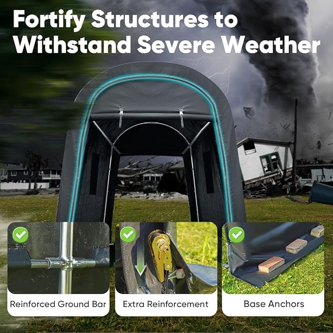 ADVANCE OUTDOOR 6x8 ft Shelter Storage Shed Steel Metal Round Peak Roof Portable Garage Carport for Motorcycle, Boat, or Garden Tools with 2 Roll up Doors & Vents, Gray