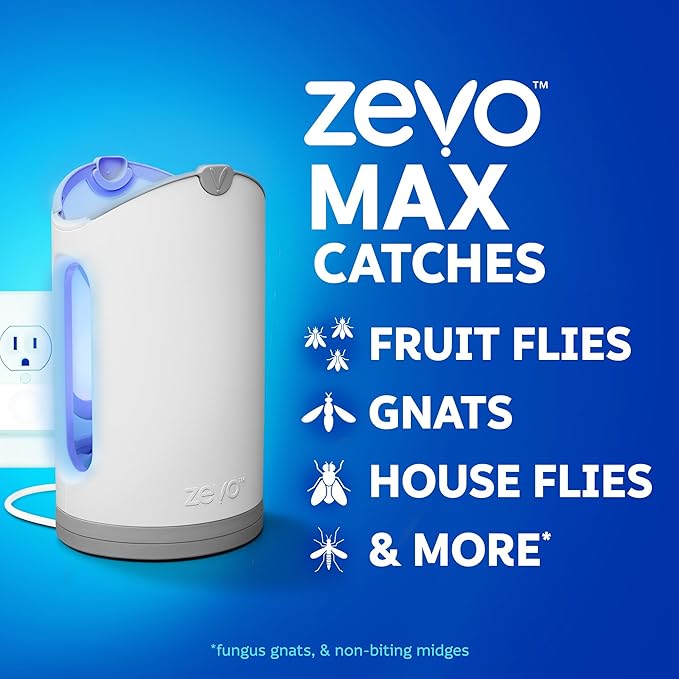 Zevo MAX Bug Catcher & Fly Trap for Indoors - Flying Insect Trap for Gnats, House & Fruit Flies - Use in Any Room - No-Mess Disposal (1 Plug in Base & 6 Cartridges)