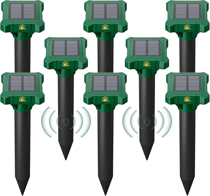8 Pack Mole Repellent Solar Powered, IP65 Waterproof Gopher Chipmunk Repeller Outdoor, Groundhog Snake Repellent for Yard, Sonic Mole and Vole Deterrent Spikes, Effective Lawn and Garden Protection