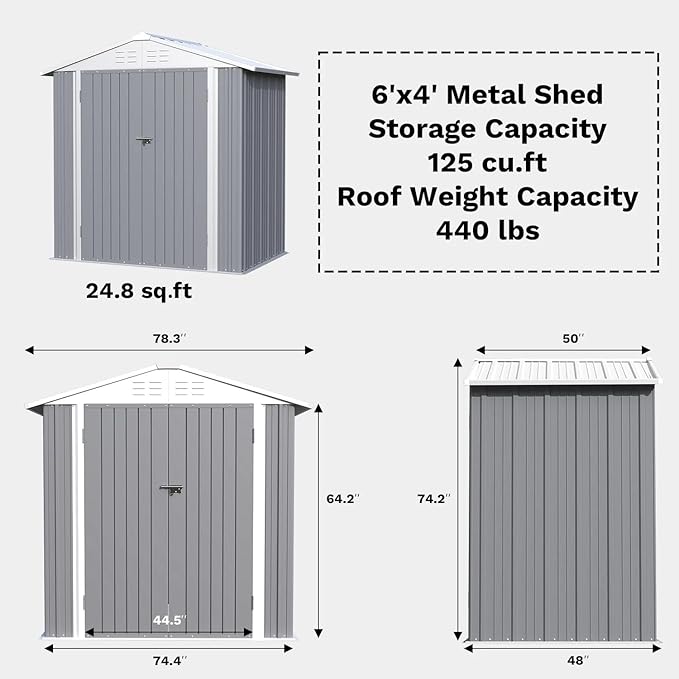 Greesum 6×4FT Outdoor Storage Shed, Metal Patio Storaged Sheds with Lockable Doors, Sheds & Outdoor Storage for Bike, Backyard, Pool and Garden, Gray