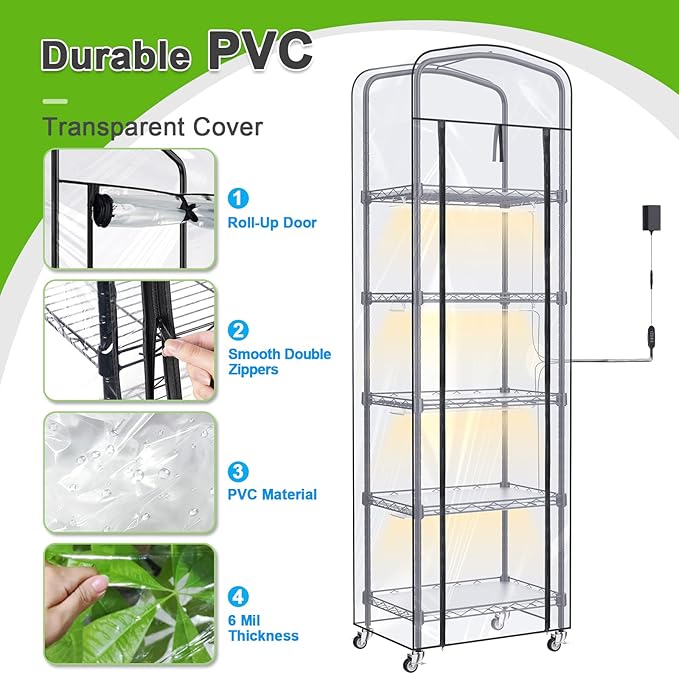 Abimars 5-Tier Mini Greenhouse with Grow Light, Shelf Height Adjustable Metal Plant Shelf with PVC Cover and Wheels, Includes 4-Pack Full Spectrum Plant Lights, 11x16x57inch